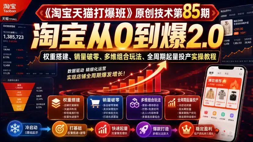 《淘宝天猫打爆班》原创技术第85期，淘宝从0到爆2.0，权重搭建、销量破零、多维组合玩法、全周期起量投产实操教程-资源分享