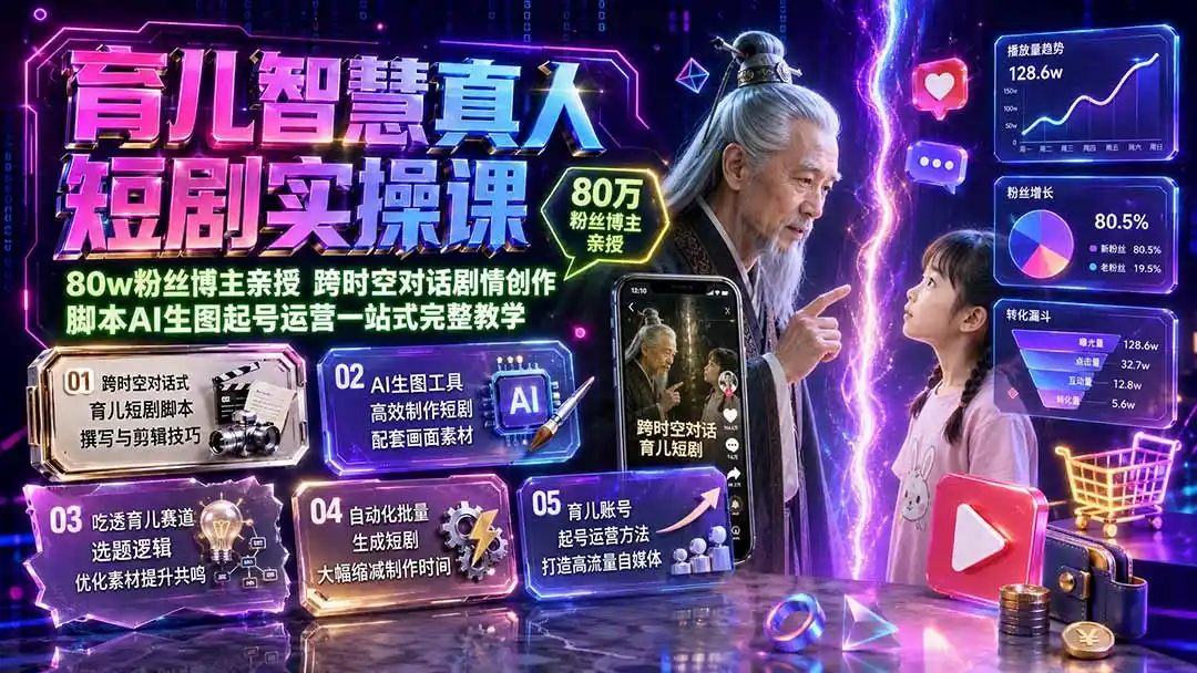 育儿智慧真人短剧实操课｜80w粉丝博主亲授，跨时空对话剧情创作，脚本AI生图起号运营一站式完整教学-资源分享