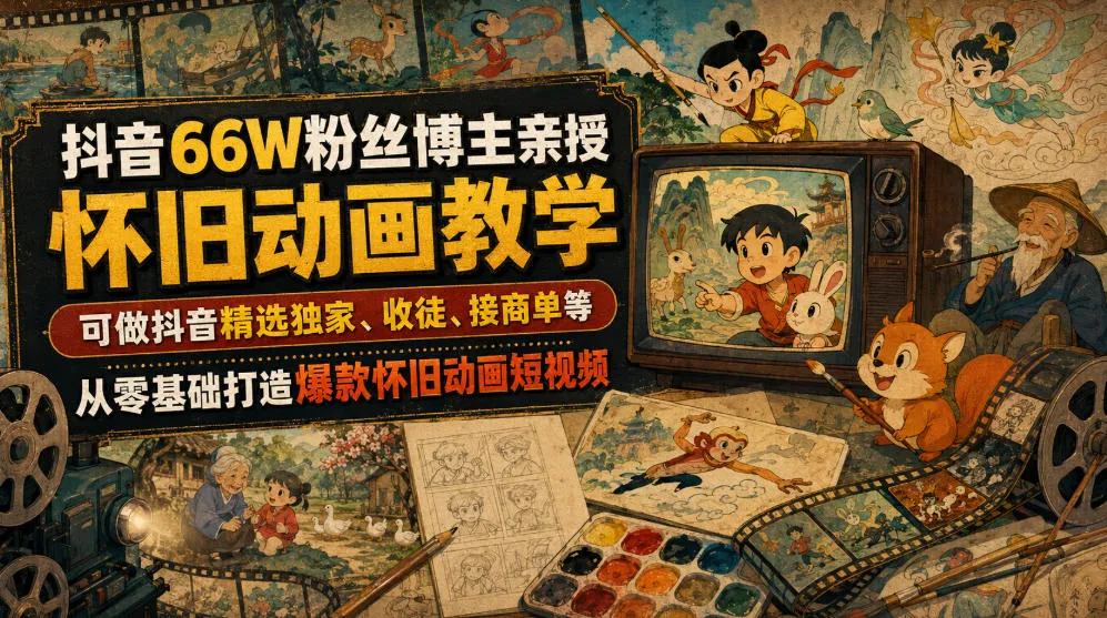 抖音66W粉丝博主亲授怀旧动画教学，可做抖音精选独家、收徒、接商单等，从零基础打造爆款怀旧动画短视频-资源分享