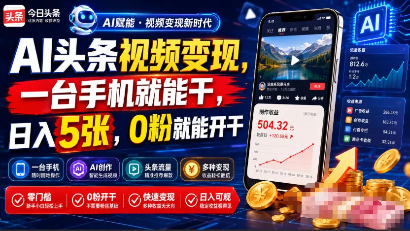 AI头条视频变现，一台手机就能干，日入5张，0粉就能开干-资源分享