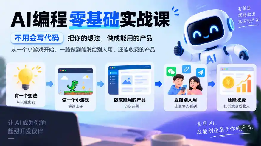 AI编程零基础实战课，不用会写代码，把你的想法，做成能用的产品，从一个小游戏开始，一路做到能发给别人用、还能收费的产品-资源分享