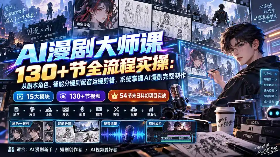 AI漫剧大师课130+节全流程实操：从剧本角色、智能分镜到配音运镜剪辑，系统掌握AI漫剧完整制作-资源分享