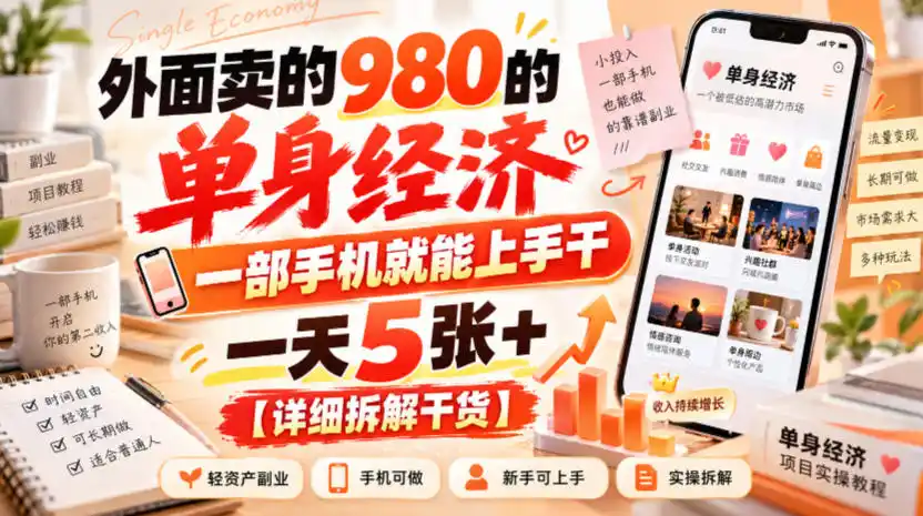 外面卖的980的单身经济，一部手机就能上手干，一天5张+【详细拆解干货】-资源分享