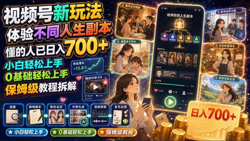 视频号人生副本玩法：日入700+保姆级教程 - 轻创方舟-资源分享