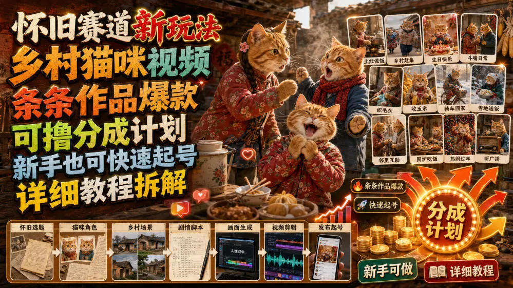 怀旧赛道新玩法，乡村猫咪视频，条条作品爆款，可撸分成计划，新手也可快速起号，详细教程拆解-资源分享