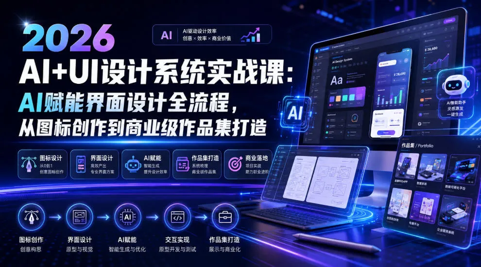 2026 AI+UI设计系统实战课：AI赋能界面设计全流程，从图标创作到商业级作品集打造-资源分享