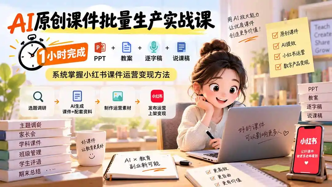 AI原创课件批量生产实战课：1小时完成PPT+教案+逐字稿+说课稿，系统掌握小红书课件运营变现方法-资源分享