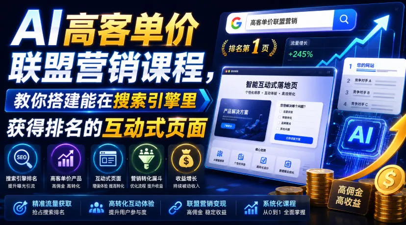 AI高客单价联盟营销课程，教你搭建能在搜索引擎里获得排名的互动式页面，引来流量，把访客转化为高佣金的成交【原创双语字幕】-资源分享