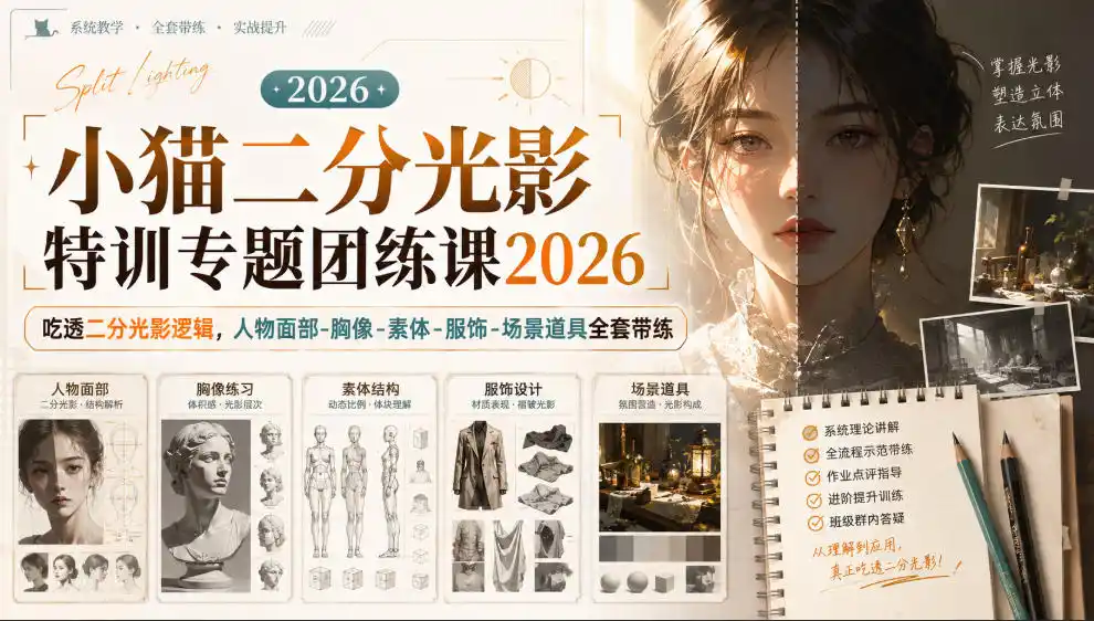 小猫二分光影特训专题团练课2026｜吃透二分光影逻辑，人物面部‑胸像‑素体‑服饰‑场景道具全套带练，高清画质附赠课件与笔刷-资源分享