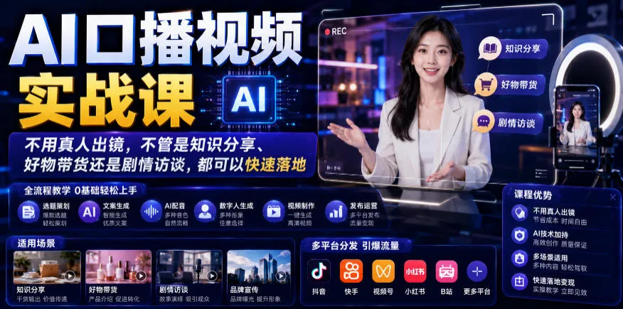 AI口播视频实战课，不用真人出镜，不管是知识分享、好物带货还是剧情访谈，都可以快速落地-资源分享