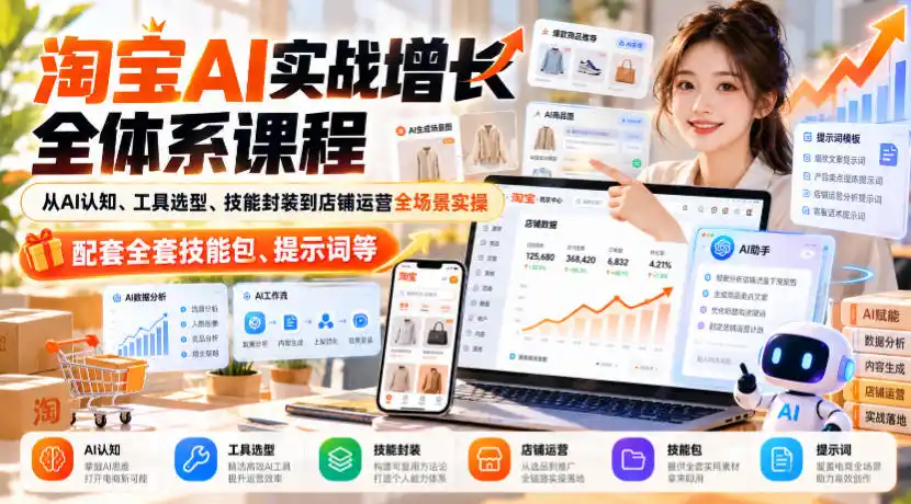 淘宝AI实战增长全体系课程，从AI认知、工具选型、技能封装到店铺运营全场景实操，配套全套技能包、提示词等-资源分享