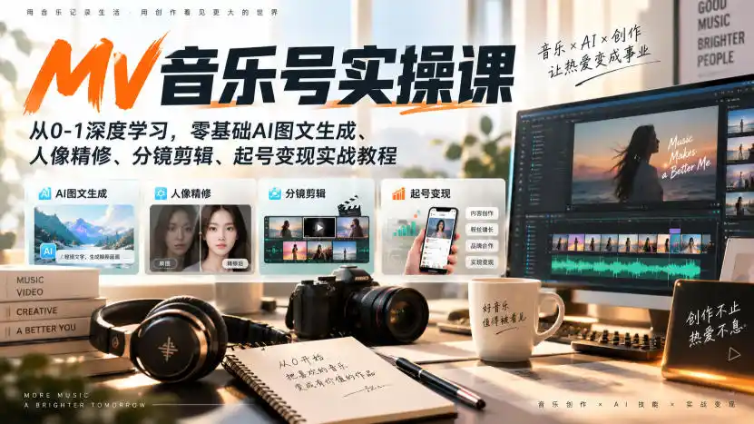 AI MV音乐号实操课，从0-1深度学习，零基础AI图文生成、人像精修、分镜剪辑、起号变现实战教程-资源分享