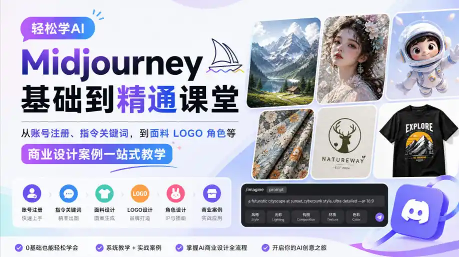 轻松学AI Midjourney基础到精通课堂，从账号注册、指令关键词，到面料LOGO角色等商业设计案例一站式教学-资源分享