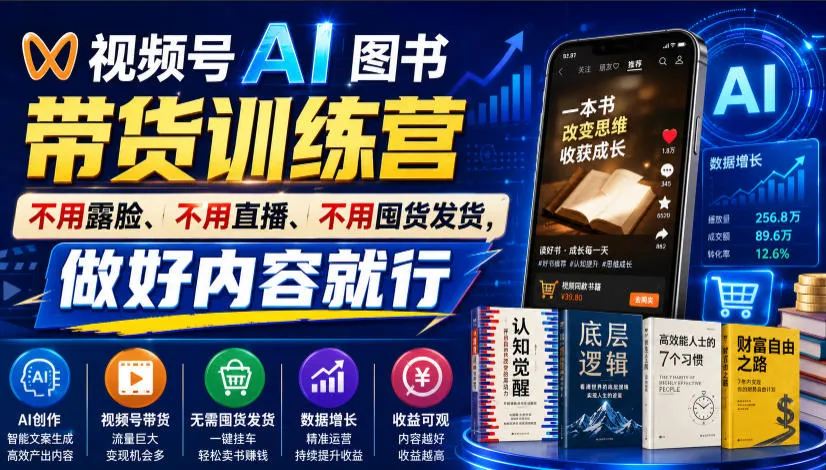 视频号AI图书带货训练营，不用露脸、不用直播、不用囤货发货，做好内容就行，一条爆款视频佣金8942-资源分享