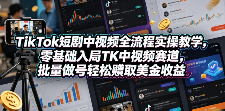 TikTok短剧中视频全流程实操教学，零基础入局TK中视频赛道，批量做号轻松賺取美金收益-资源分享