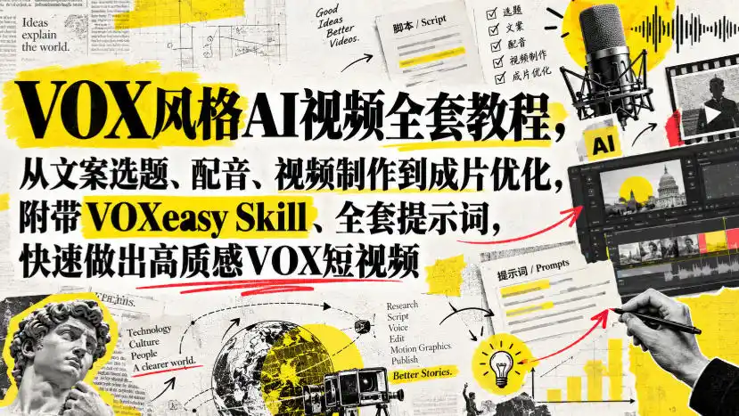 VOX风格AI视频全套教程，从文案选题、配音、视频制作到成片优化，附带VOXeasy Skill、全套提示词，快速做出高质感VOX短视频-资源分享