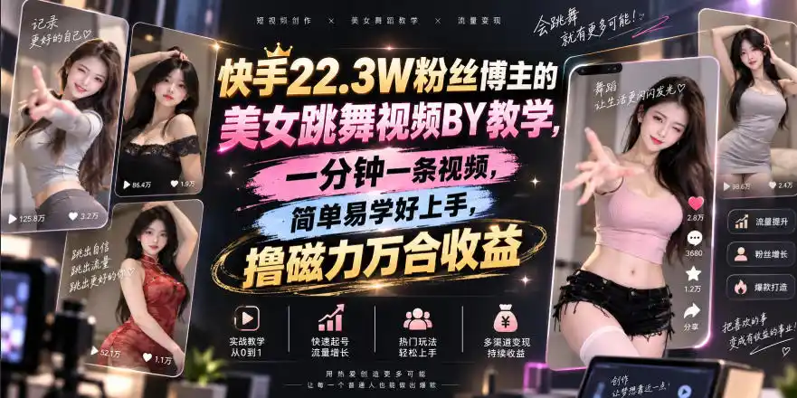 快手22.3W粉丝博主的美女跳舞视频搬运教学，快手MT搬运，一分钟一条视频，简单易学好上手，撸磁力万合收益-资源分享