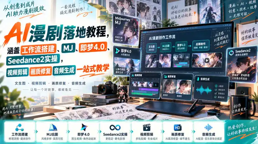 AI漫剧落地教程，涵盖工作流搭建、MJ、即梦4.0、Seedance2实操，视频剪辑画质修复音频生成一站式教学-资源分享
