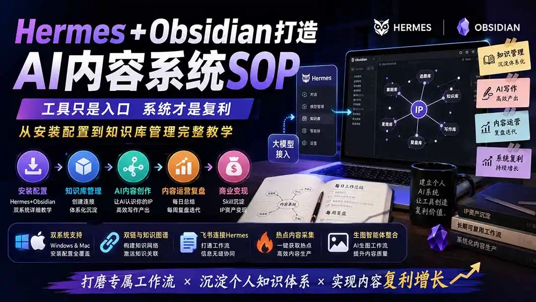 Hermes+Obsidian打造AI内容系统SOP；工具只是入口系统才是复利，从安装配置到知识库管理完整教学-资源分享