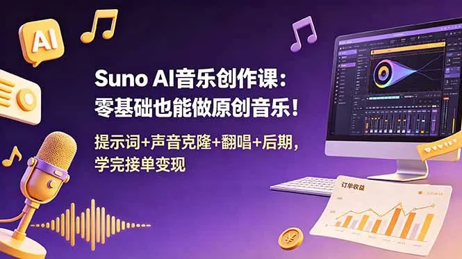 Suno AI音乐创作课：零基础也能做原创音乐！提示词+声音克隆+翻唱+后期，学完接单变现-资源分享