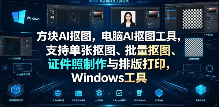 方块AI抠图，电脑AI抠图工具，支持单张抠图、批量抠图、证件照制作与排版打印，Windows工具-资源分享