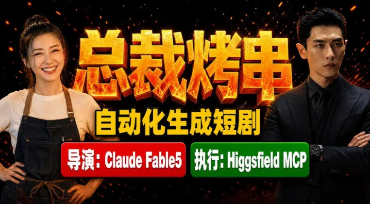 Claude Fable5担任导演+Higgsfield MCP落地执行｜《总裁烤串》真人质感短剧全自动AI生成全流程教学-资源分享