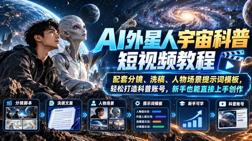 AI外星人宇宙科普短视频教程，配套分镜、洗稿、人物场景提示词模板，轻松打造科普账号，新手也能直接上手创作-资源分享