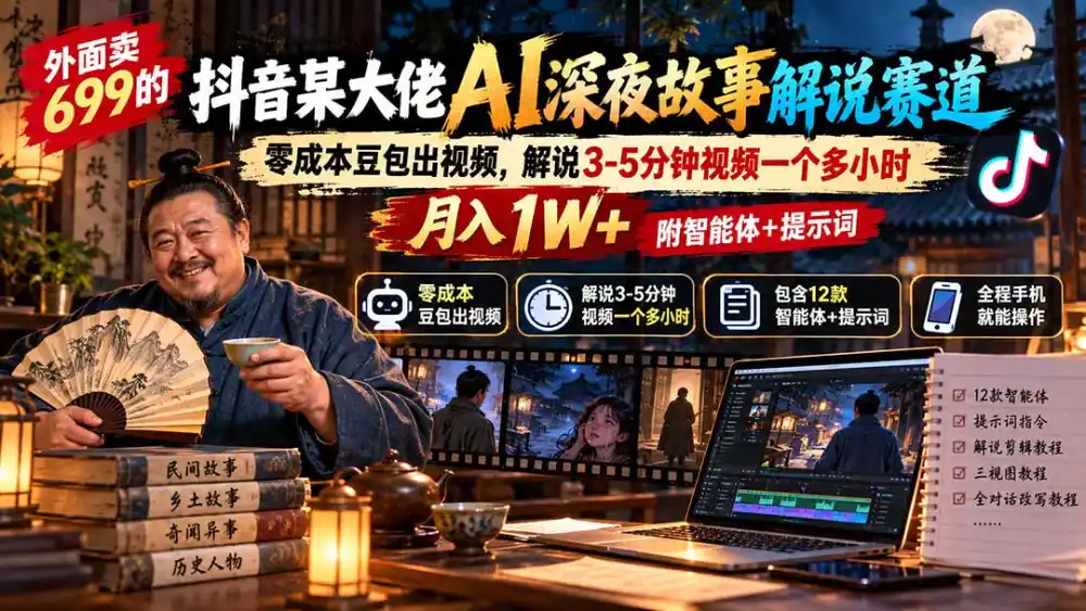 外面卖699抖音某大佬AI深夜故事解说赛道-更新：0成本豆包出视频+解说3-5分钟视频一个多小时，月入1W+附智能体+提示词-资源分享