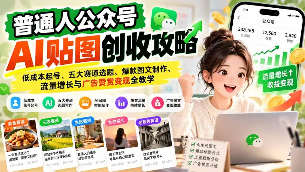 普通人公众号AI贴图创收攻略：低成本起号、五大赛道选题、爆款图文制作、流量增长与广告赞赏变现全教学-资源分享