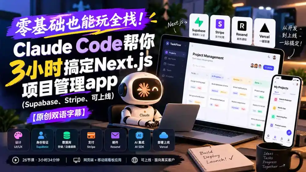 零基础也能玩全栈！Claude Code帮你3小时搞定Next.js项目管理app(Supabase、Stripe、可上线-资源分享