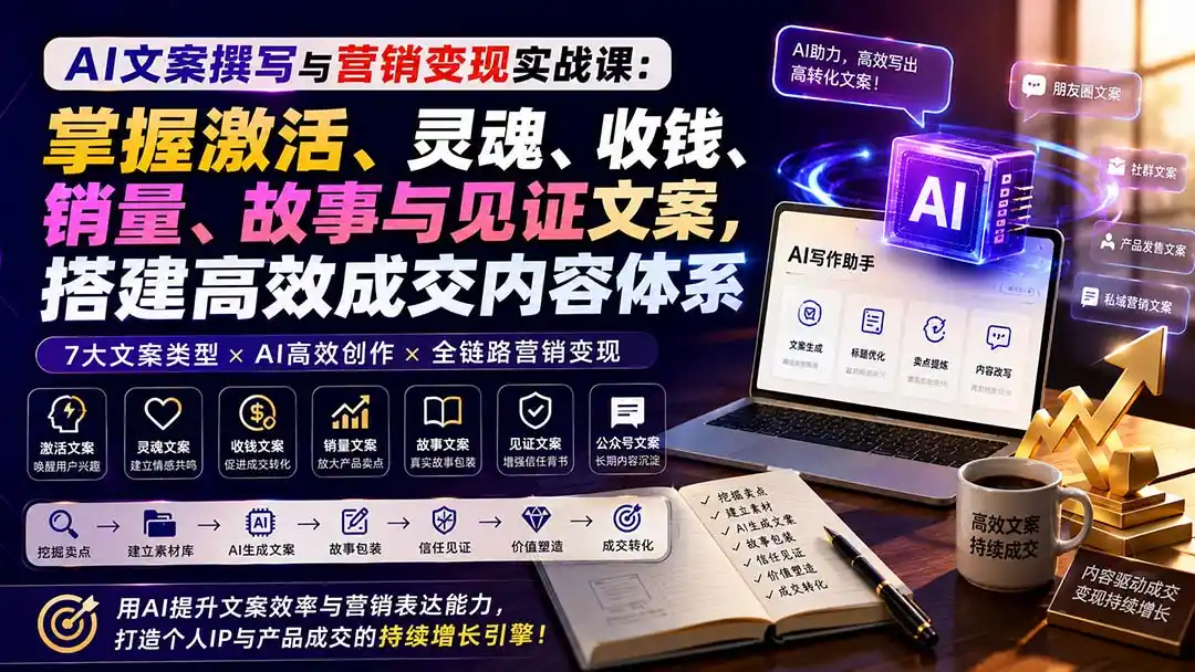 AI文案撰写与营销变现实战课：掌握激活、灵魂、收钱、销量、故事与见证文案，搭建高效成交内容体系-资源分享