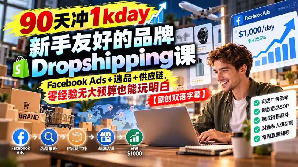 90天冲1kday 新手友好的品牌Dropshipping课：Facebook Ads+选品+供应链，零经验无大预算也能玩明白【原创双语字幕】-资源分享