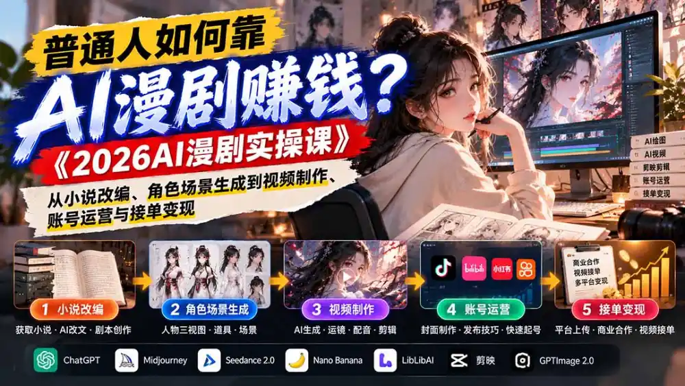普通人如何靠AI漫剧赚钱？《2026AI漫剧实操课》从小说改编、角色场景生成到视频制作、账号运营与接单变现-资源分享