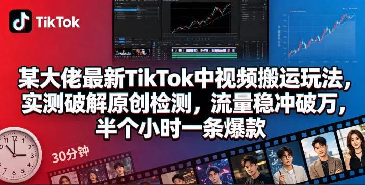 某大佬最新TikTok中视频搬运玩法，实测破解原创检测，流量稳冲破万，半个小时一条爆款-资源分享