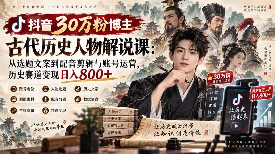 抖音30万粉博主古代历史人物解说课：从选题文案到配音剪辑与账号运营，历史赛道变现日入800+-资源分享
