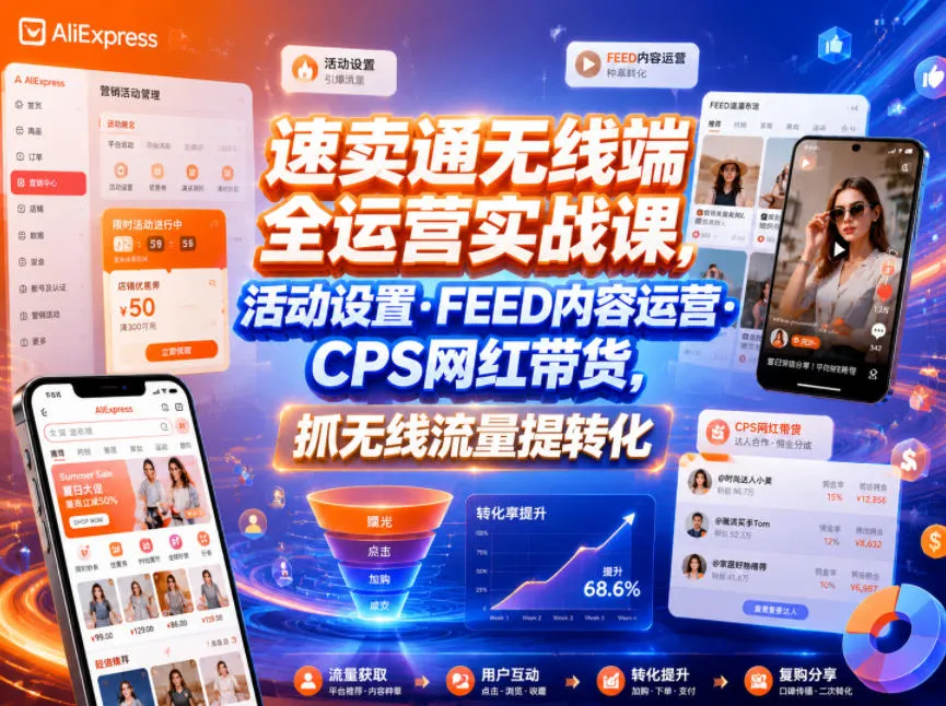 速卖通无线端全运营实战课，活动设置・FEED内容运营・CPS网红带货，抓无线流量提转化-资源分享