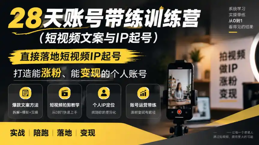 28天账号带练训练营(短视频文案与IP起号)，直接落地短视频IP起号，打造能涨粉、能变现的个人账号-资源分享