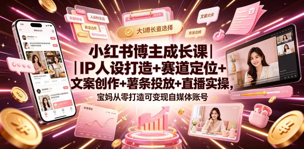 小红书博主成长课｜IP人设打造+赛道定位+文案创作+薯条投放+直播实操，宝妈从零打造可变现自媒体账号-资源分享