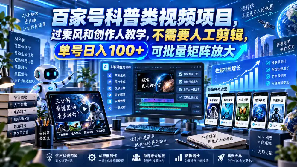 百家号科普类视频项目，过乘风和创作人教学，不需要人工剪辑，单号日入100+可批量矩阵放大-资源分享
