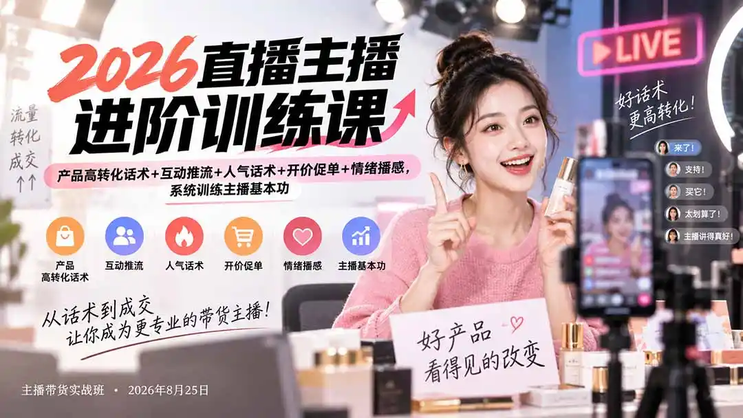 2026直播主播进阶训练课：产品高转化话术+互动推流+人气话术+开价促单+情绪播感，系统训练主播基本功-资源分享