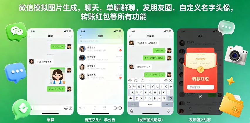 微信模拟图片生成，聊天，单聊群聊，发朋友圈，自定义名字头像，转账红包等所有功能都可以生成-资源分享