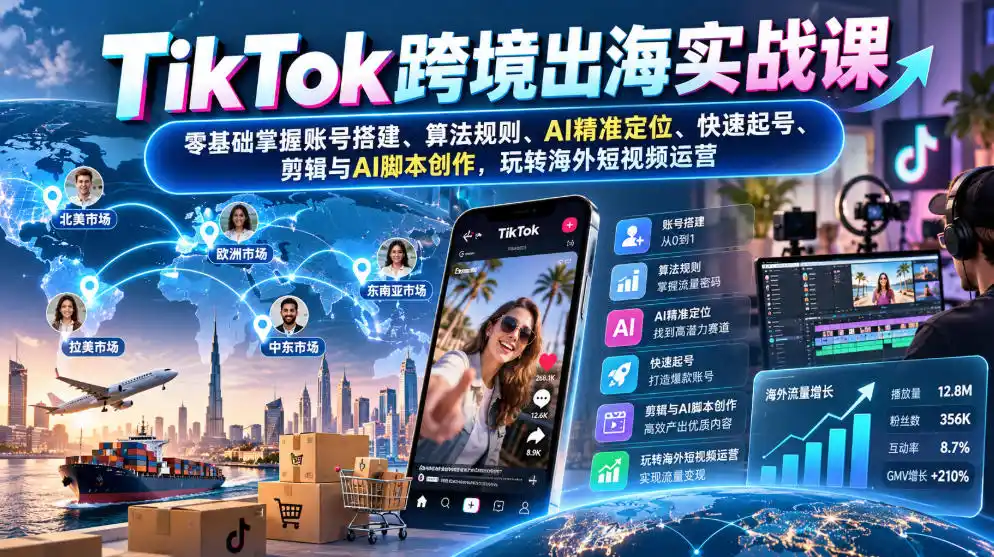 TikTok跨境出海实战课：零基础掌握账号搭建、算法规则、AI精准定位、快速起号、剪辑与AI脚本创作，玩转海外短视频运营-资源分享