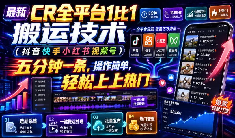 最新CR全平台1比1搬运技术(抖音快手小红书视频号)五分钟分钟一条，操作简单，轻松上热门(教程+软件+参数)-资源分享