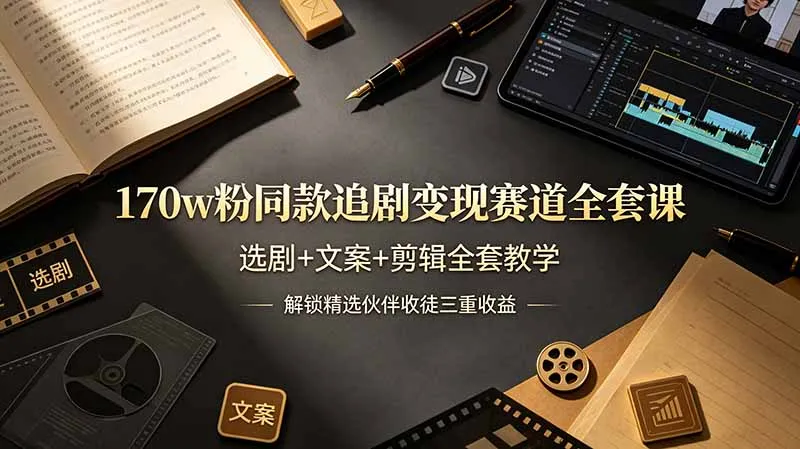 170w粉博主同款追剧变现赛道全套课，选剧+文案+剪辑全套教学，解锁精选伙伴收徒三重收益-资源分享