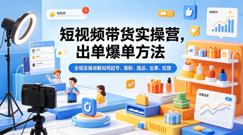 短视频带货实操营，出单爆单方法，全程实操讲解如何起号、涨粉、选品、出单、投放-资源分享