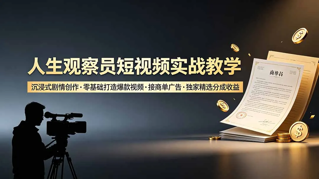 人生观察员短视频实战教学，沉浸式剧情创作，零基础打造爆款视频，接商单广告，独家精选分成收益-资源分享