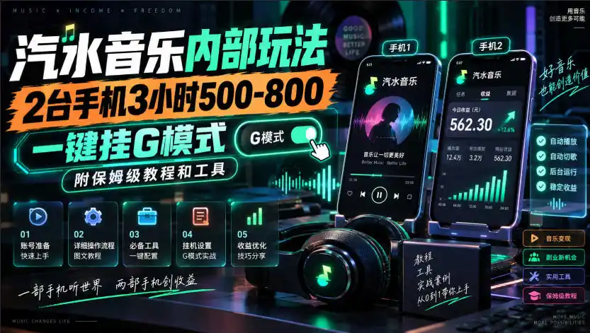汽水音乐内部玩法，2台手机3小时500-800，一键挂G模式，附保姆级教程和工具【揭秘】-资源分享