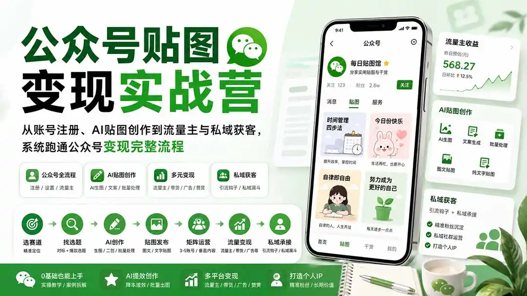 公众号贴图变现实战营：从账号注册、AI贴图创作到流量主与私域获客，系统跑通公众号变现完整流程-资源分享