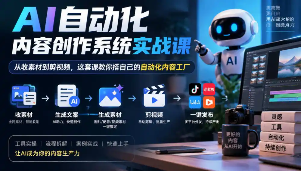 AI自动化内容创作系统实战课，从收素材到剪视频，这套课教你搭自己的自动化内容工厂-资源分享