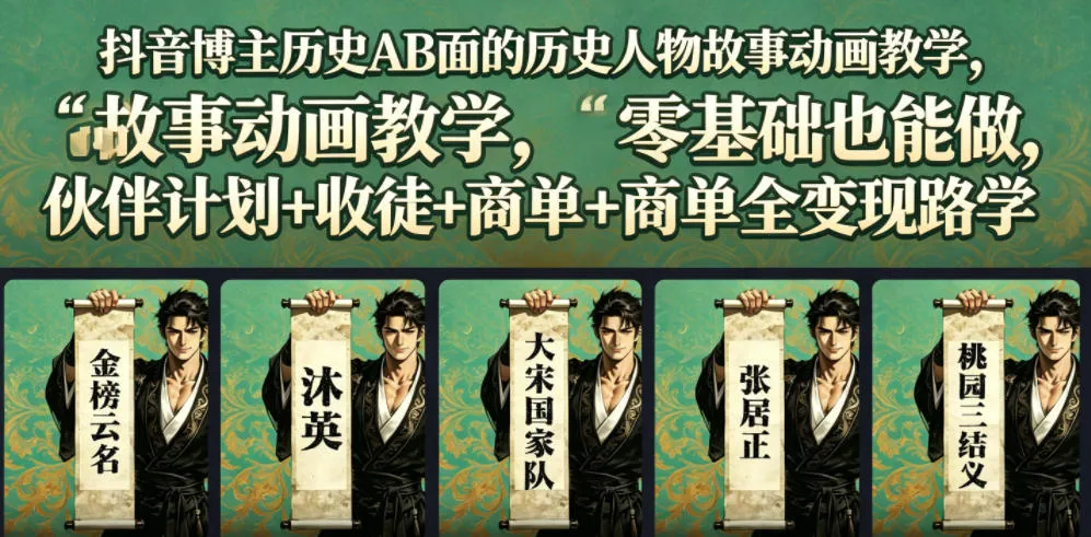 抖音博主历史AB面的历史人物故事动画教学，零基础也能做，伙伴计划+收徒+商单全变现路径教学-资源分享